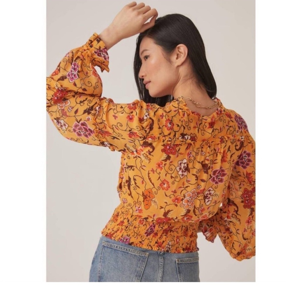 Anthropologie Printed Ruffle Blouse Golden Floral Print - Picture 7 of 7